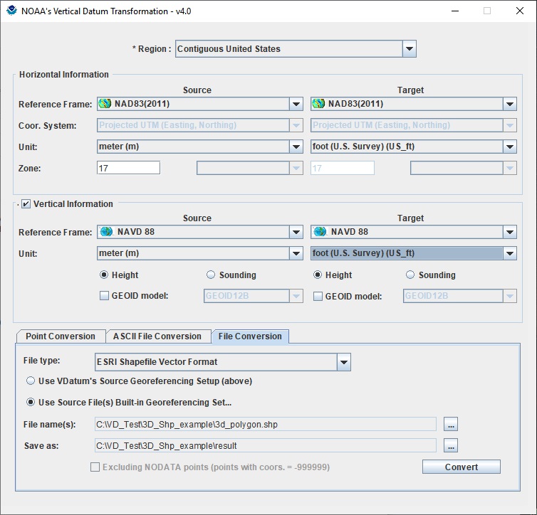 vdatum convert SHAPEFILE (*.shp) files